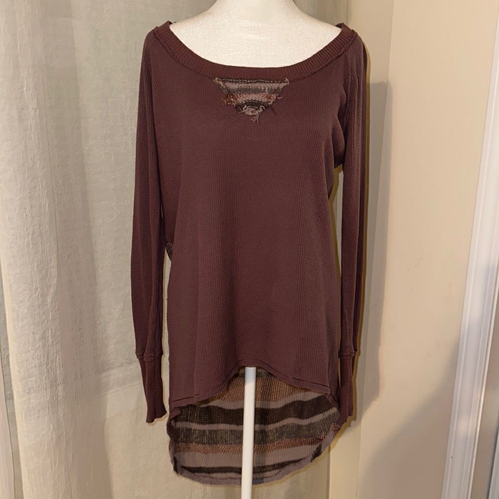 fp We The Free M Mauve Tan Lavender Gray Striped Waffle Knit Thermal Sweater